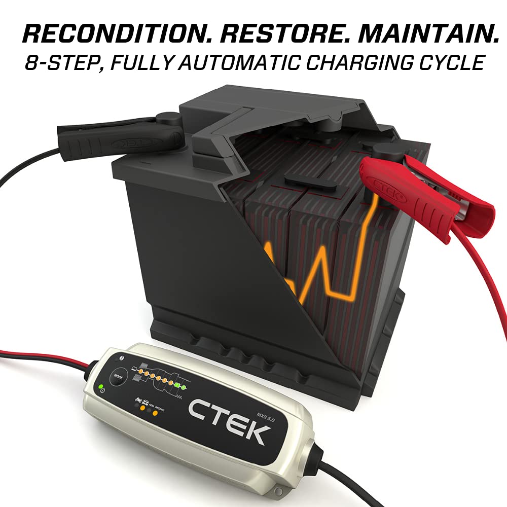 CTEK MXS 5.0 marine-friendly design for boats and outdoor setups.