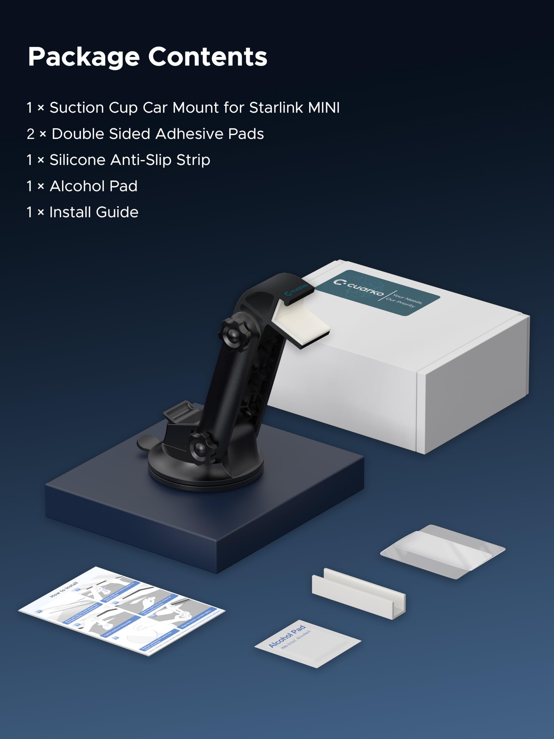Cuarko Starlink Mini packaging includes installation essentials.