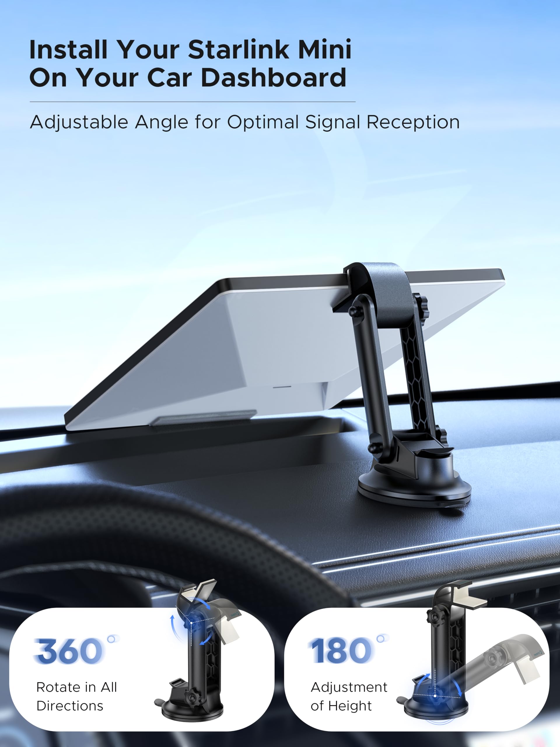 Cuarko Starlink Mini suction base provides strong dashboard hold.