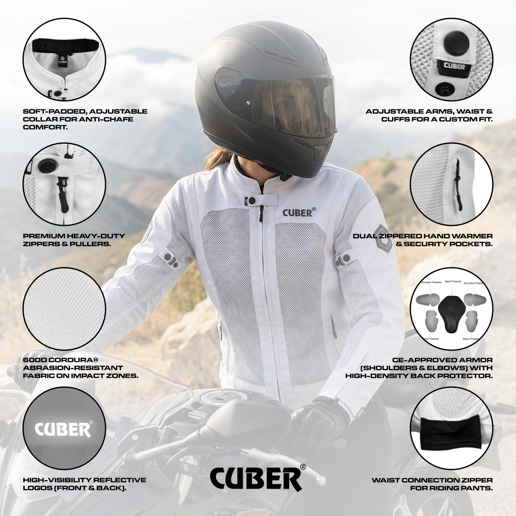 CUBER hi-vis mesh jacket arm detail highlighting CE armor placement.