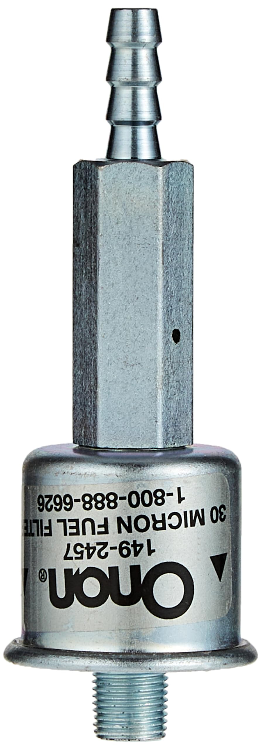 Cummins Onan fuel filter side view highlights compact, durable design for Camp Power and QG RV units