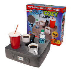Cup Cozy Deluxe Pillow Gray on sofa showing expandable cup holes for drinks