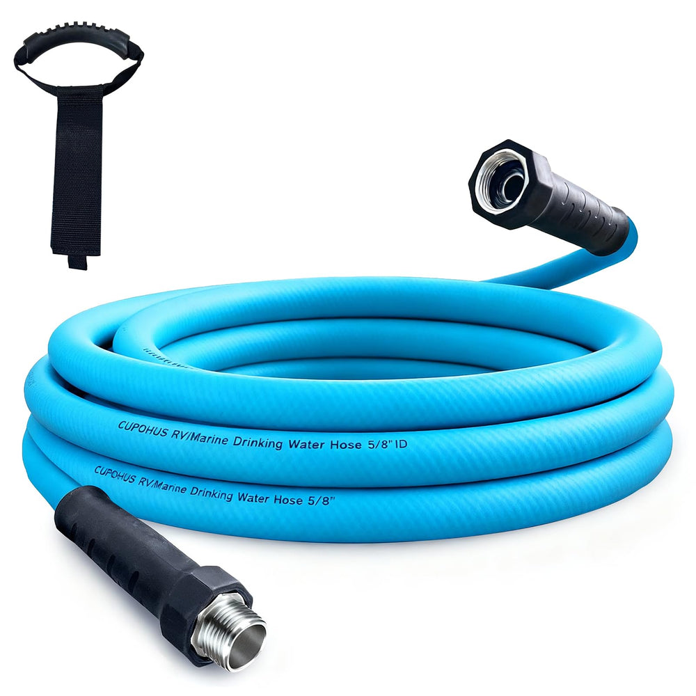 Cupohus RV water hose with strain-relief ends for durable, leak-resistant connections.