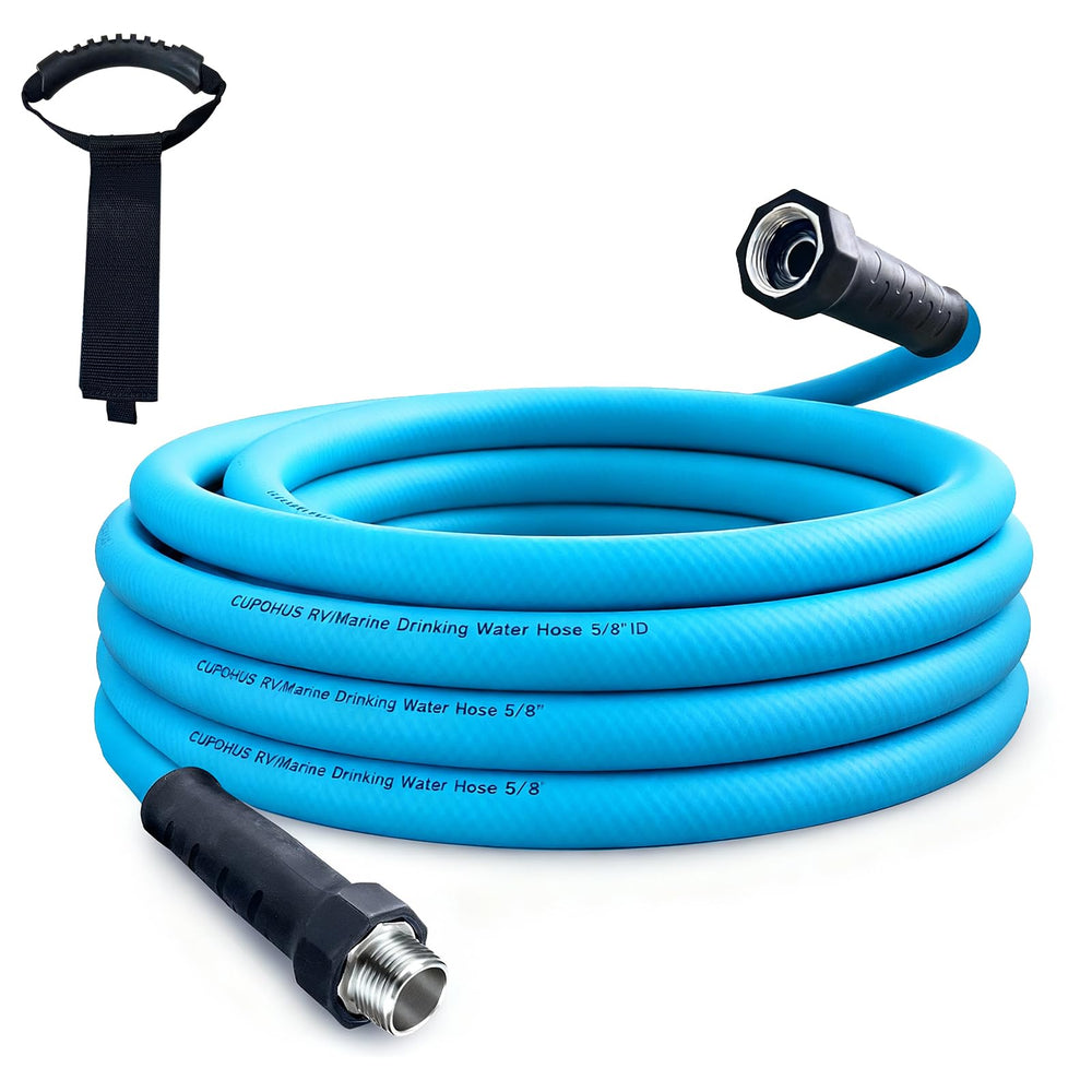Cupohus RV water hose with 25ft reach and strain-relief ends for secure hookups
