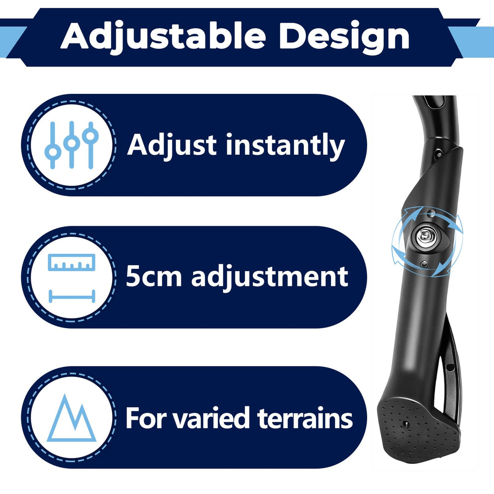 CuraceQ kickstand demonstrates adjustable 5 cm leg length via button.