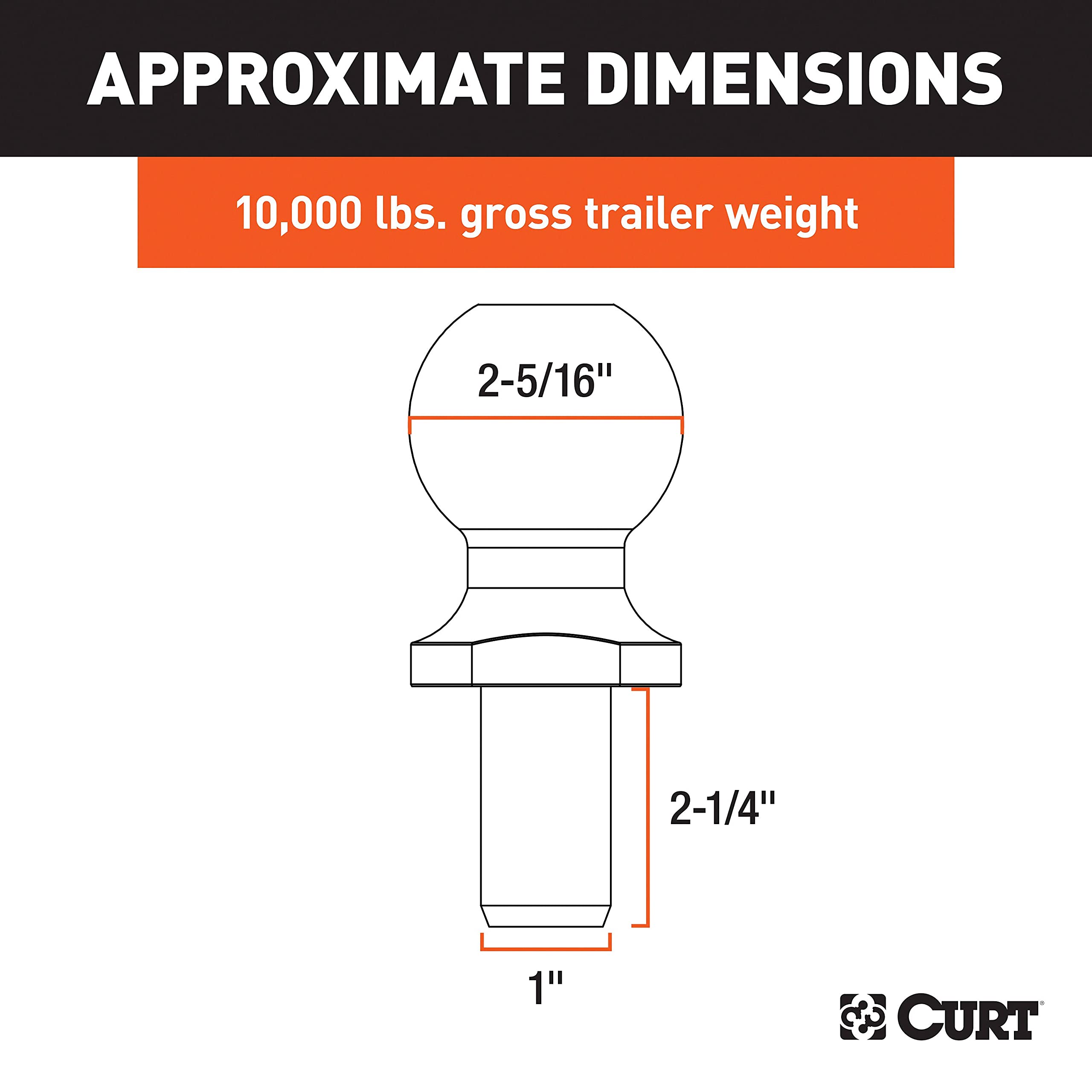 CURT hitch ball with 10,000 lb capacity and 2-5/16 in diameter for secure coupling