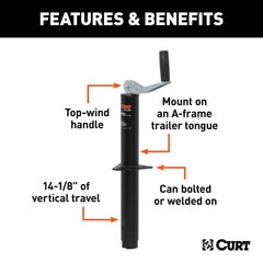 Vertical travel of CURT jack shows 14-1/8 inches for quick level adjustments.
