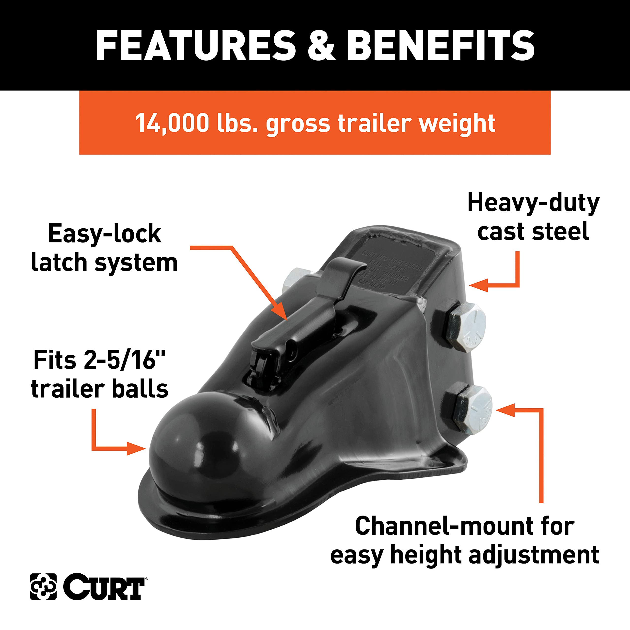 CURT coupler rated for 14,000 lb GTW ensures sturdy towing.