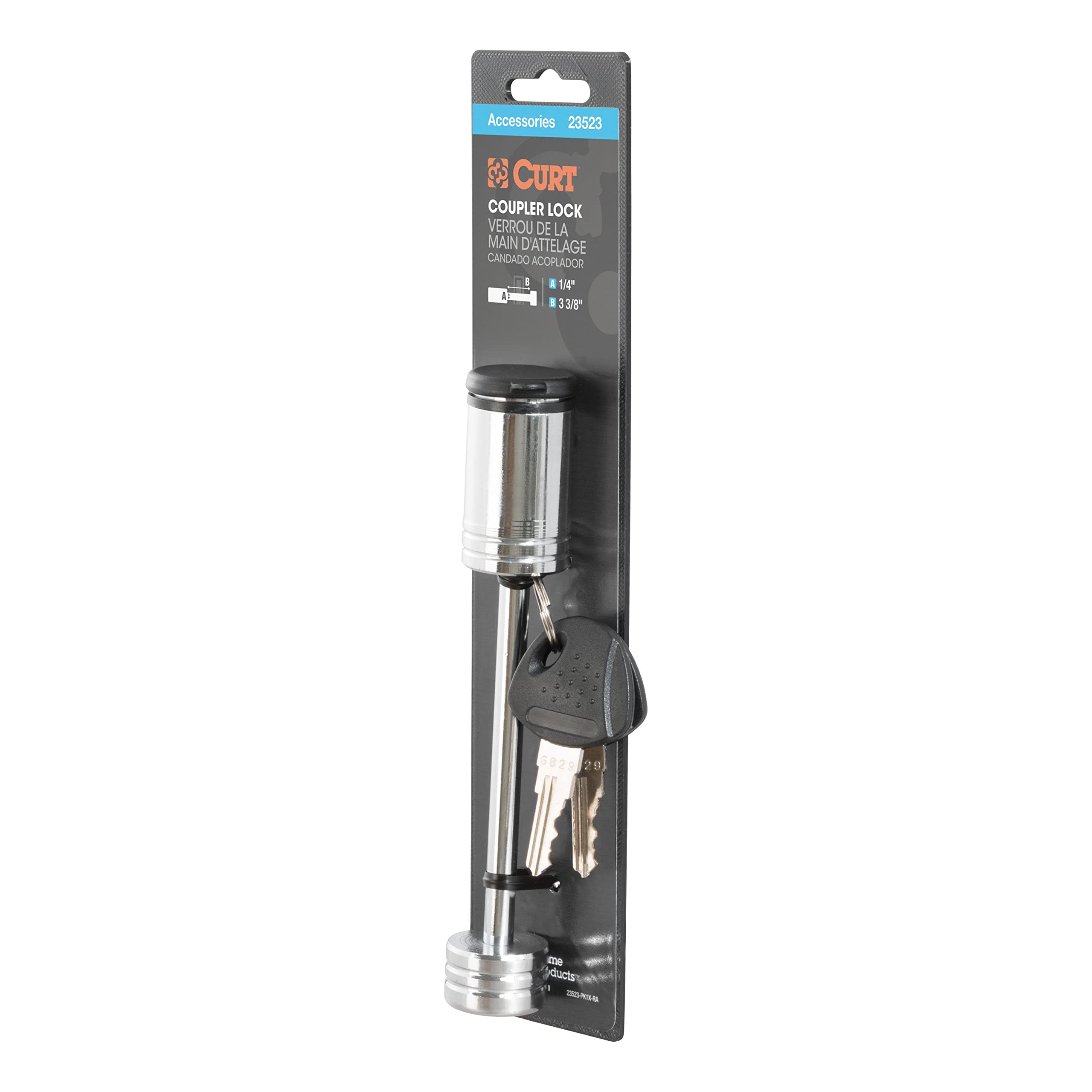 CURT 23523 chrome lock mounted on a trailer tongue for durable protection.