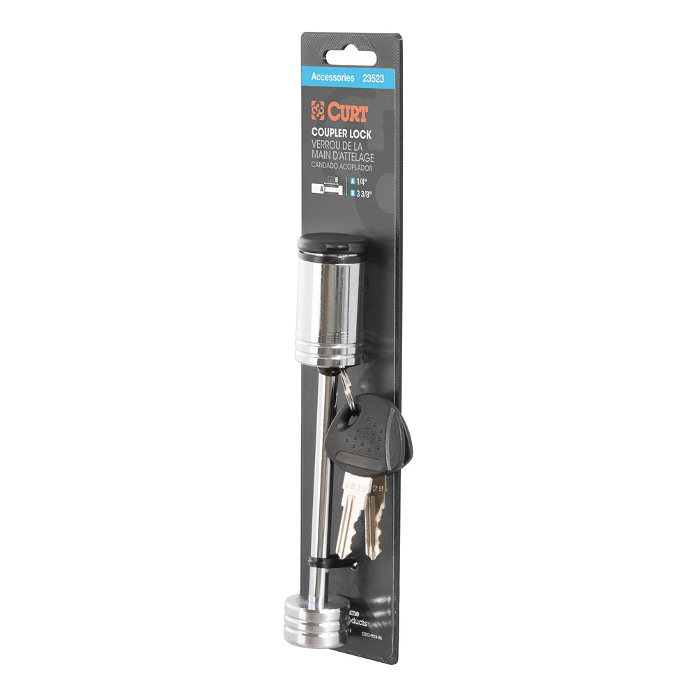 CURT 23523 chrome lock mounted on a trailer tongue for durable protection.