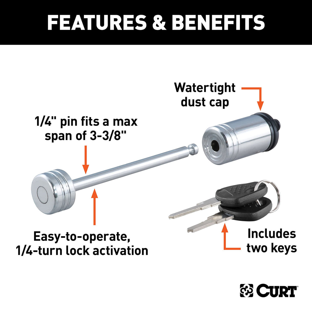 CURT 23523 chrome lock includes watertight dust cap to protect inner parts.
