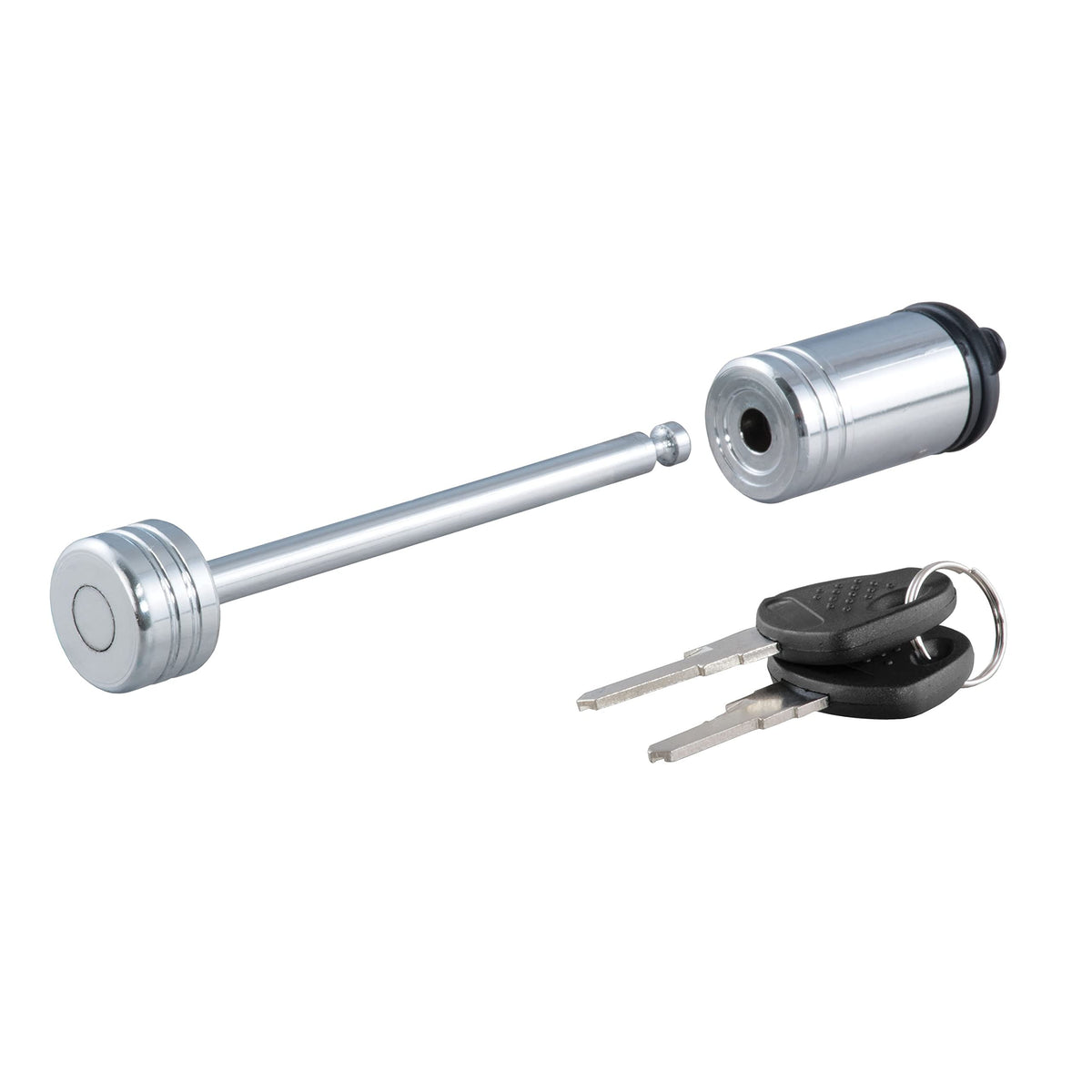 CURT 23523 chrome trailer coupler lock with barbell design deters tampering.