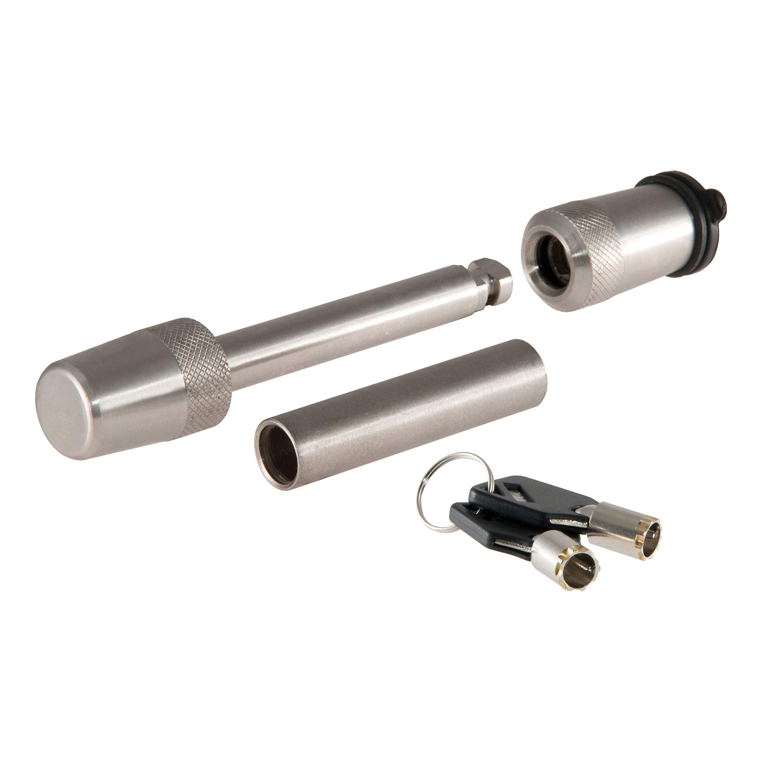 CURT 23580 stainless hitch lock installed in a receiver for secure towing.