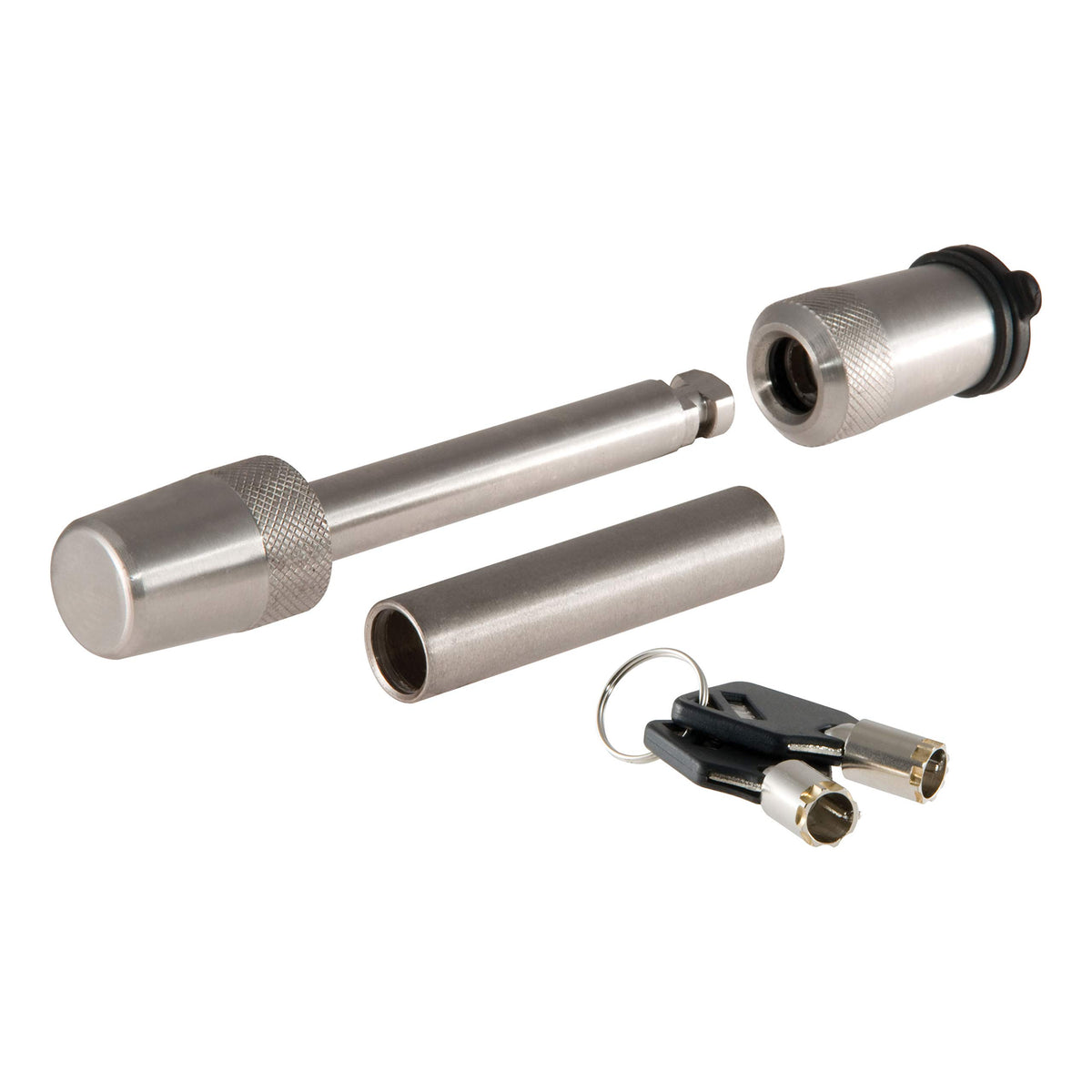 CURT 23580 stainless hitch lock installed in a receiver for secure towing.
