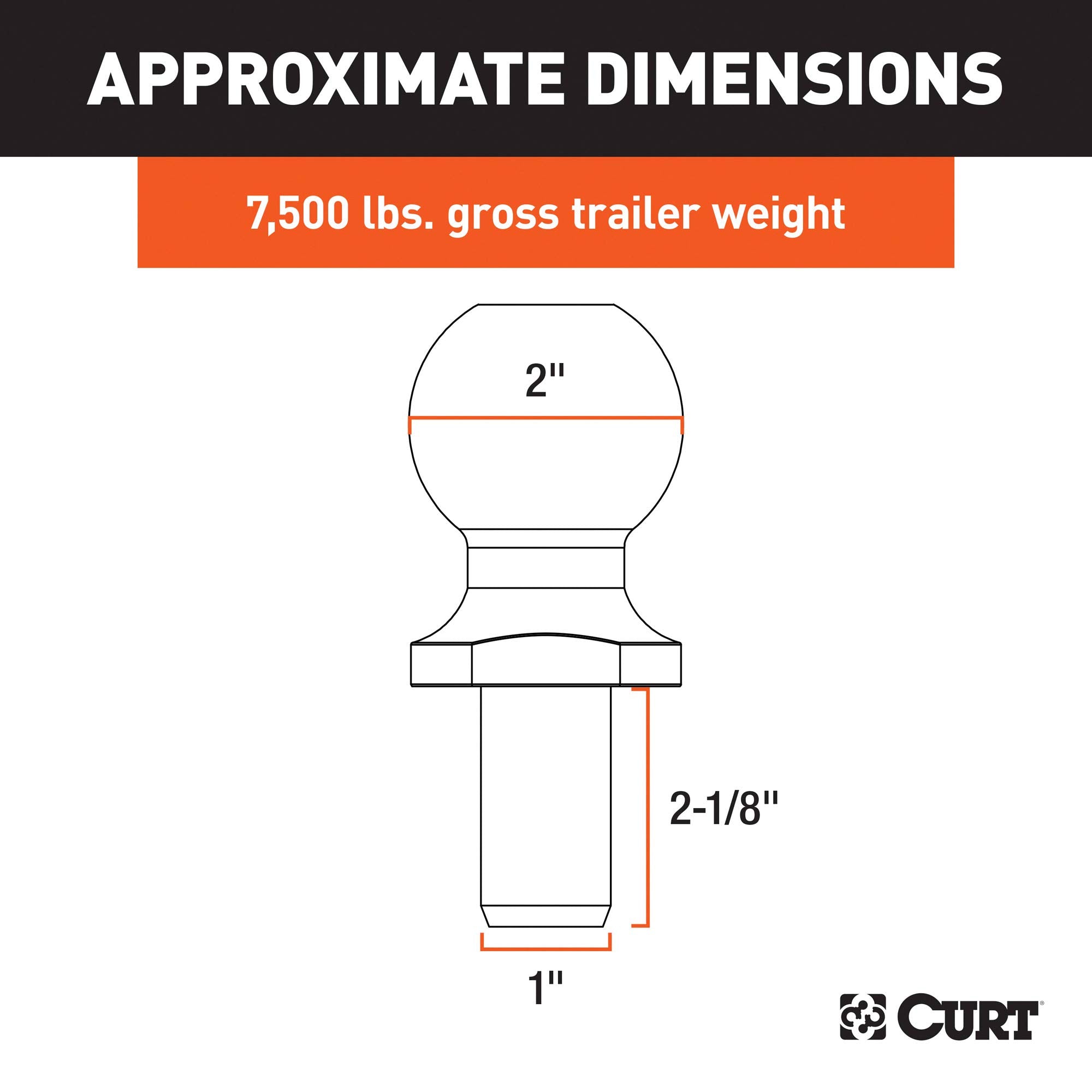 CURT 2in trailer ball showing 1in shank diameter and 2-1/8in length for secure attachment
