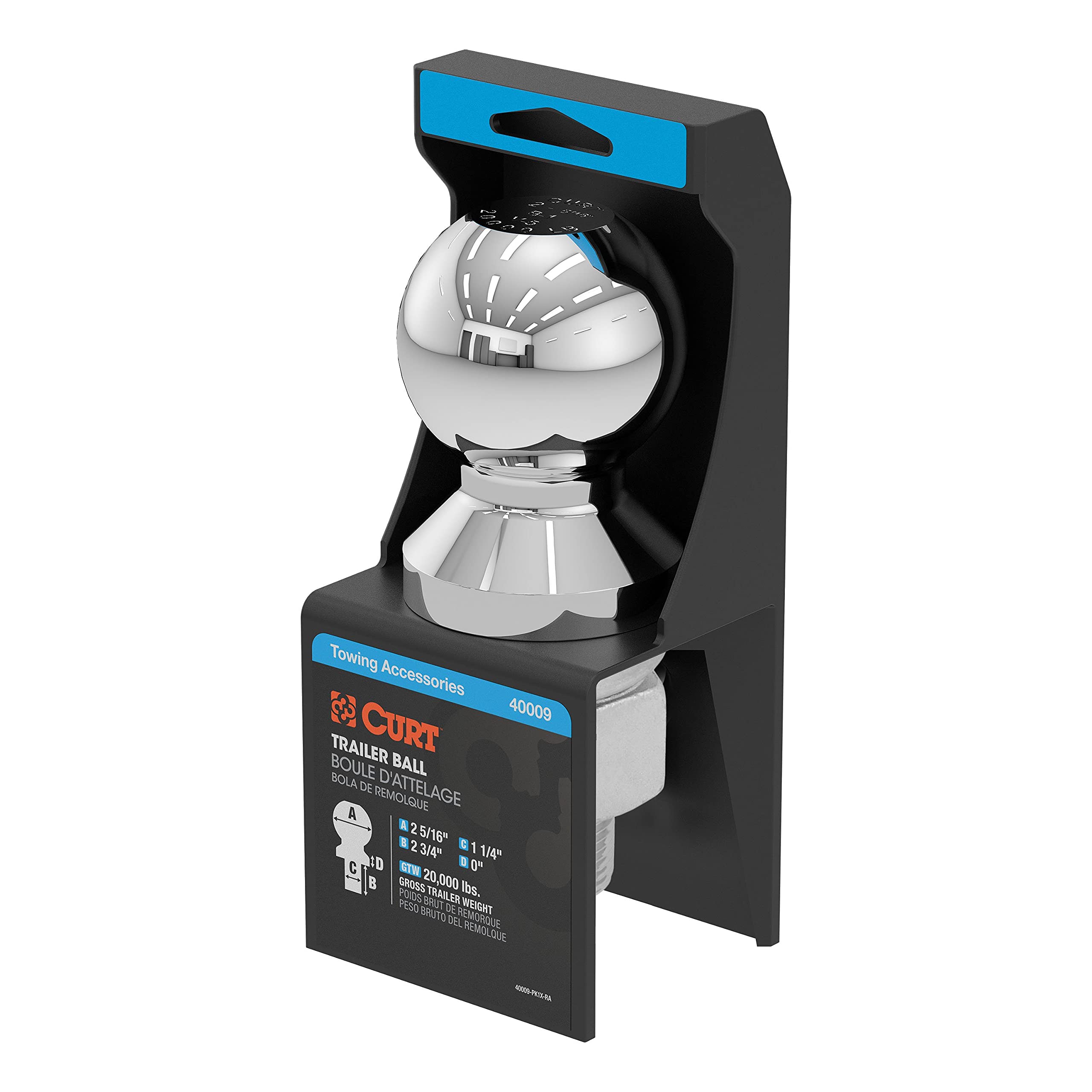 CURT 40009 chrome trailer hitch ball closeup emphasizing rugged construction for heavy towing.