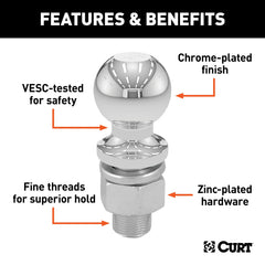 CURT 40009 chrome trailer hitch ball shank detail highlights secure mounting on compatible mounts.