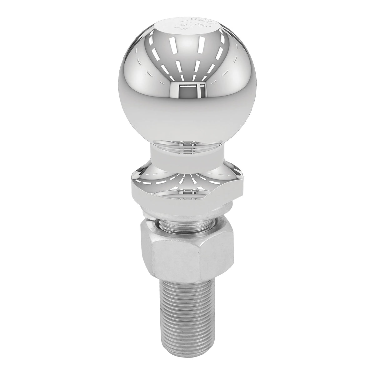 CURT 40021 trailer ball front view shows chrome finish and readiness for weather exposure.