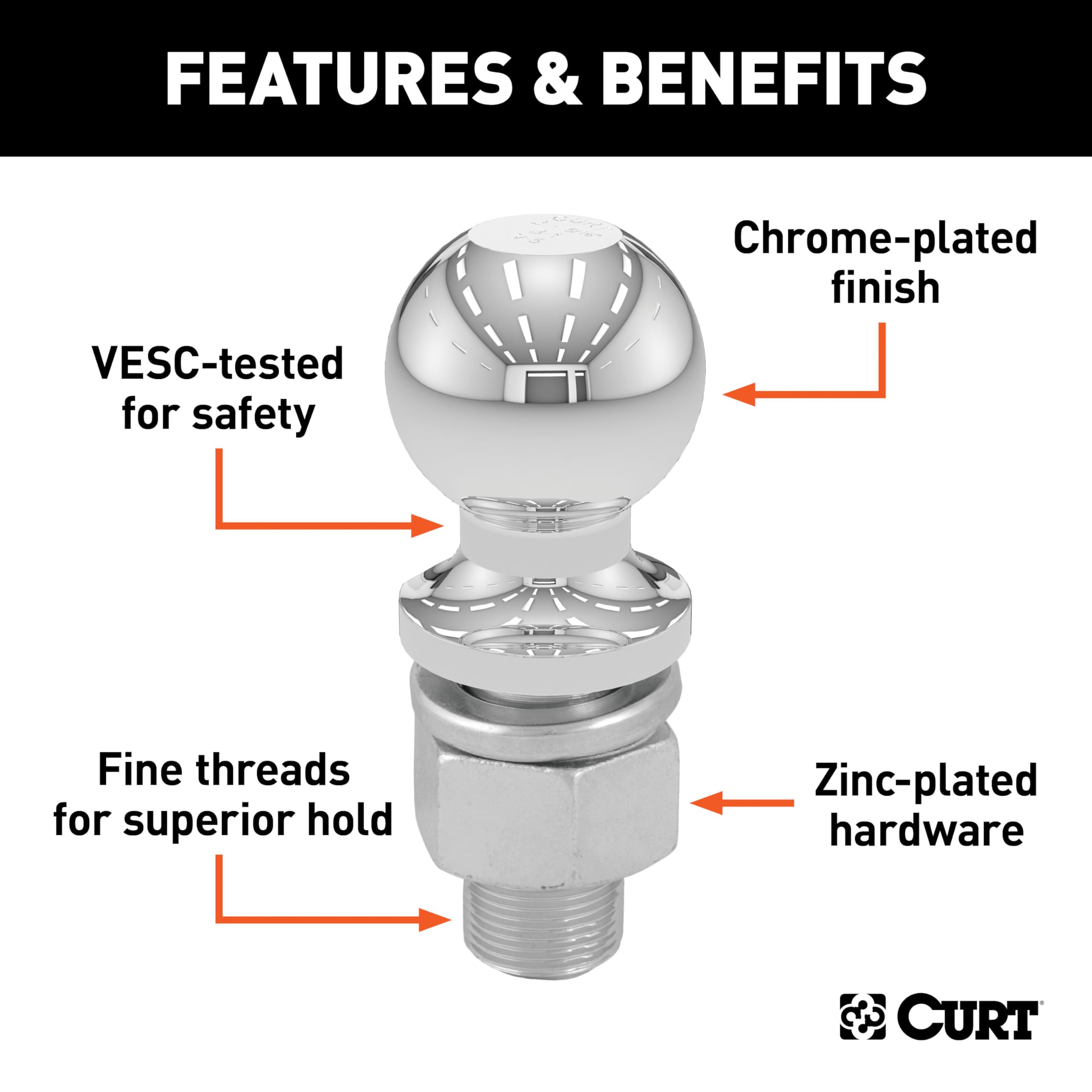CURT 40109 chrome trailer ball resting against a mount shows corrosion-resistant finish protecting components.