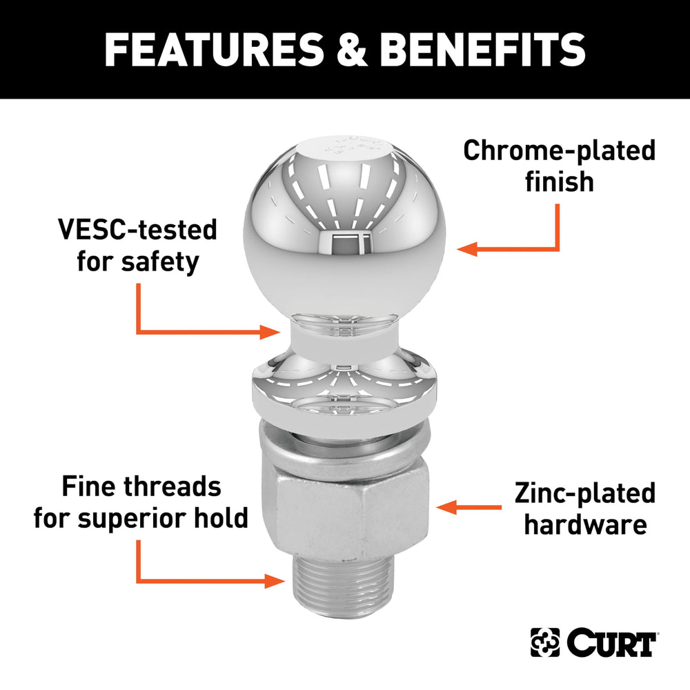 CURT 40109 chrome trailer ball resting against a mount shows corrosion-resistant finish protecting components.
