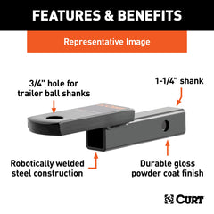 CURT 45018 hole focus highlights 3/4 inch hitch ball shank compatibility.