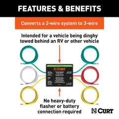 CURT 56196 splice-in wiring setup shown, enabling durable 2-to-3-wire conversion for RV dinghy towing