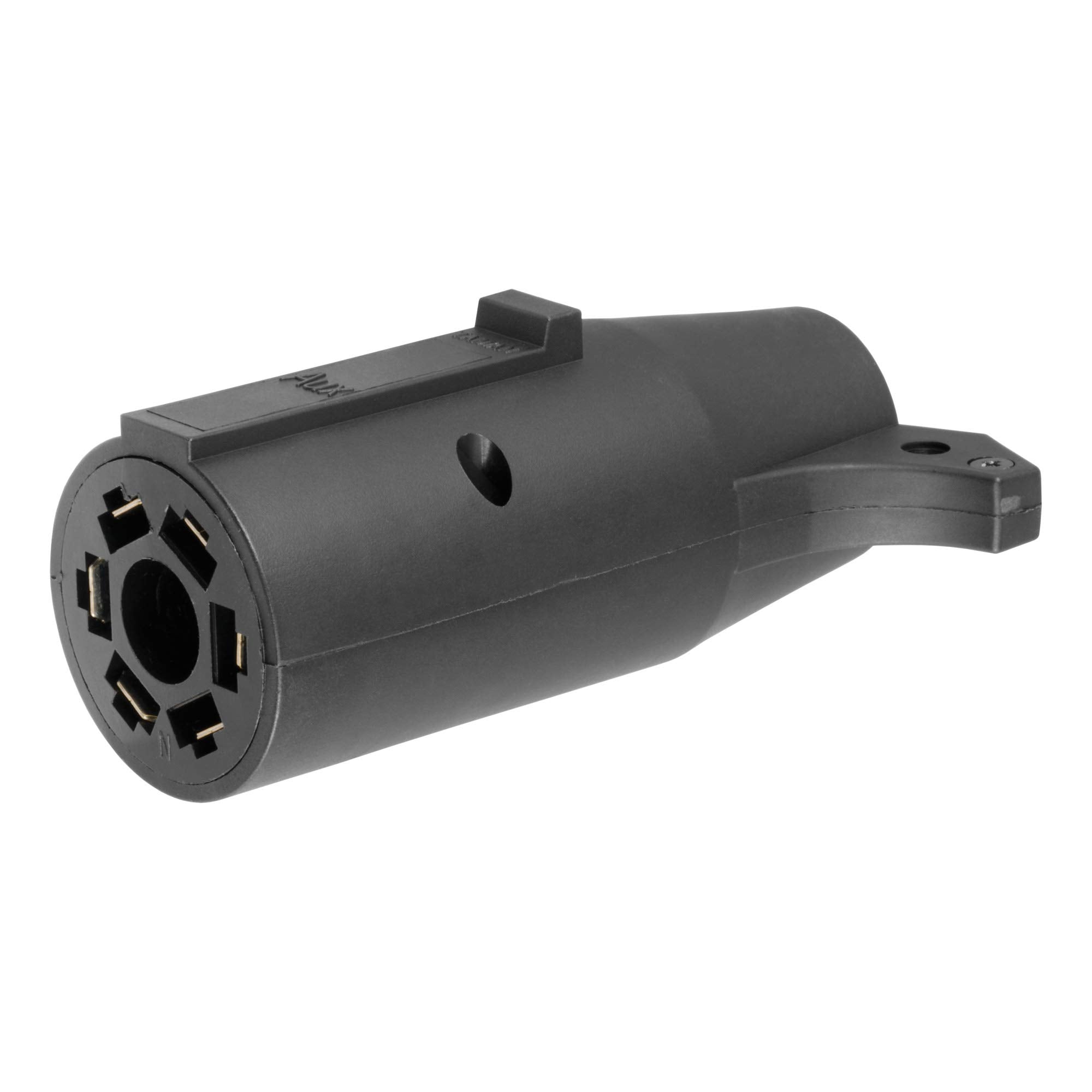 CURT 57260 adapter close-up shows 7-Way blade to 6-Way round connection for easy towing.