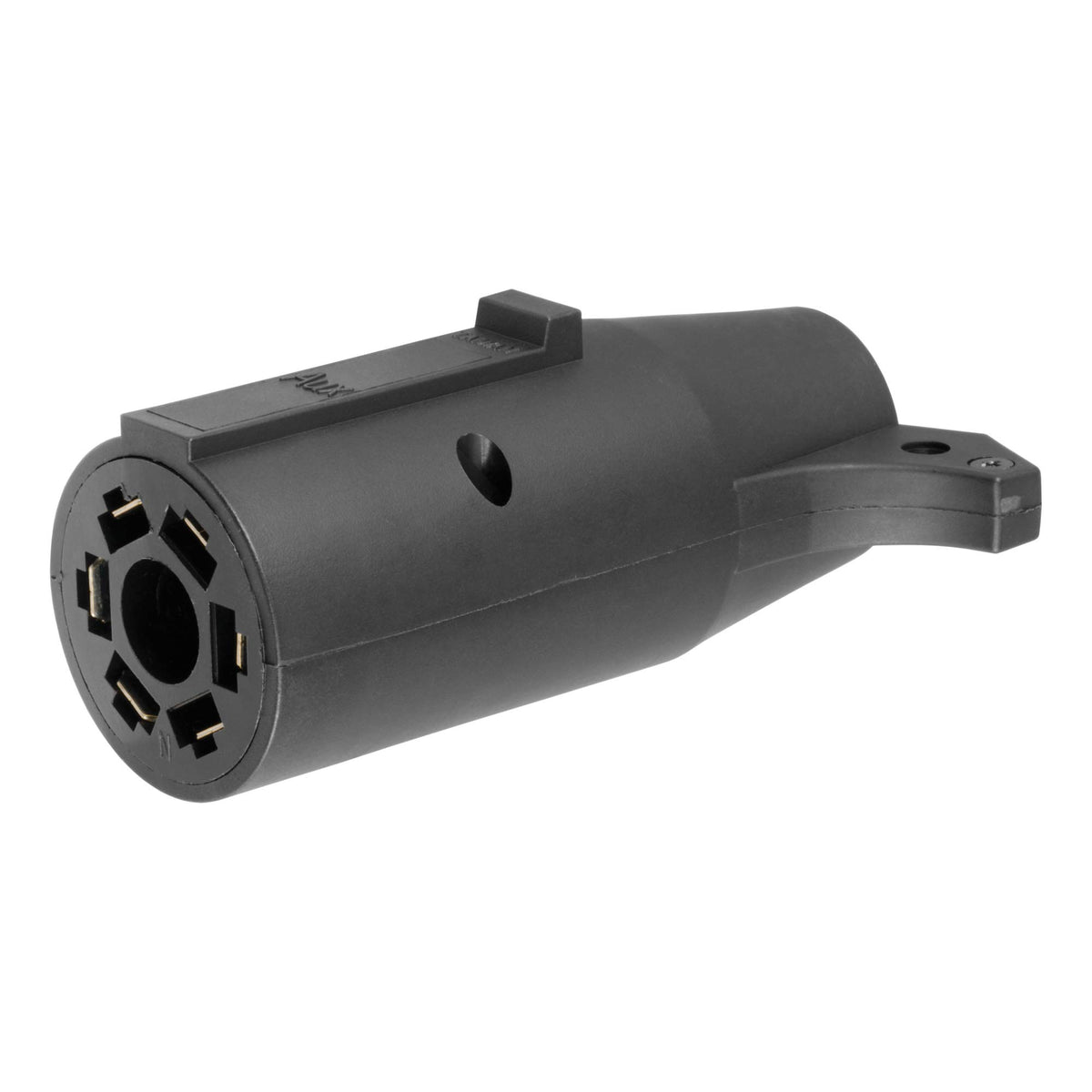 CURT 57260 adapter close-up shows 7-Way blade to 6-Way round connection for easy towing.