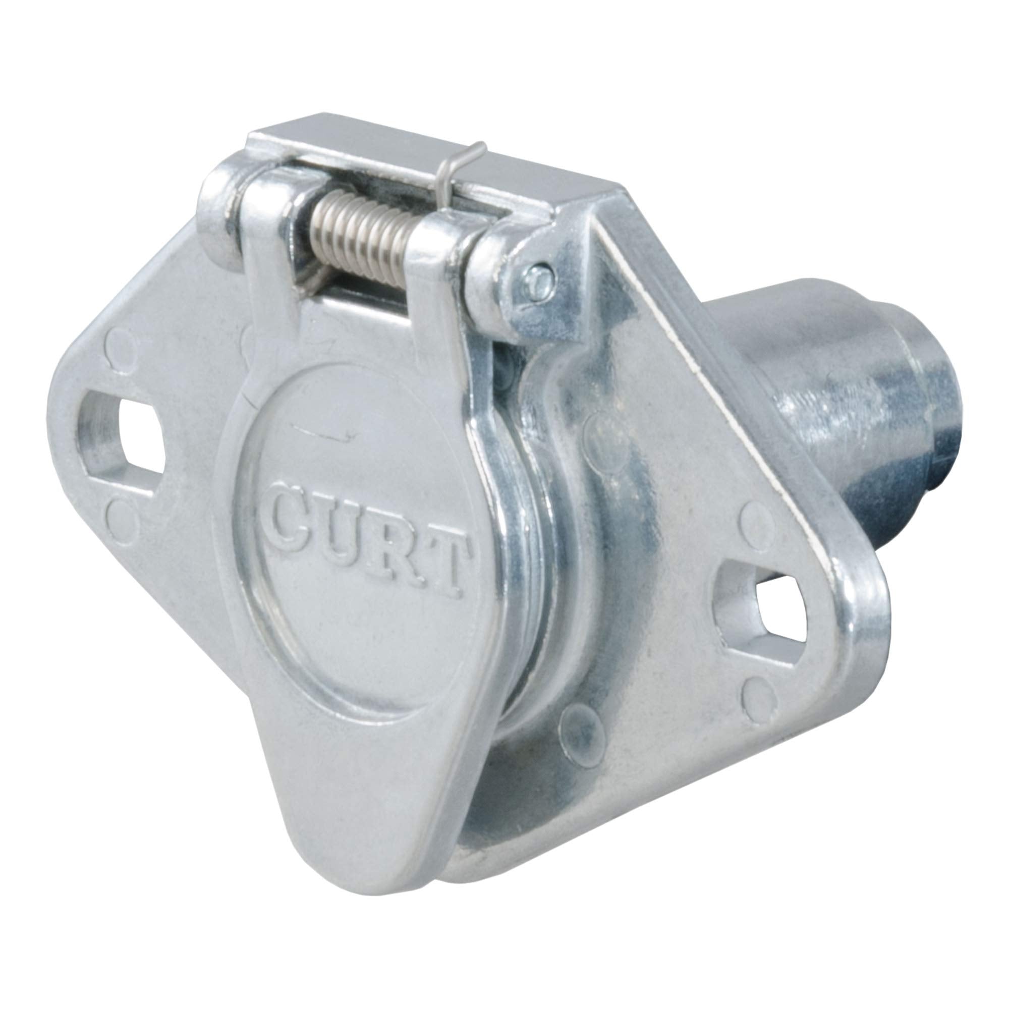 CURT 58070 vehicle-side 4-pin round socket in silver, weather-resistant for trailer connections.