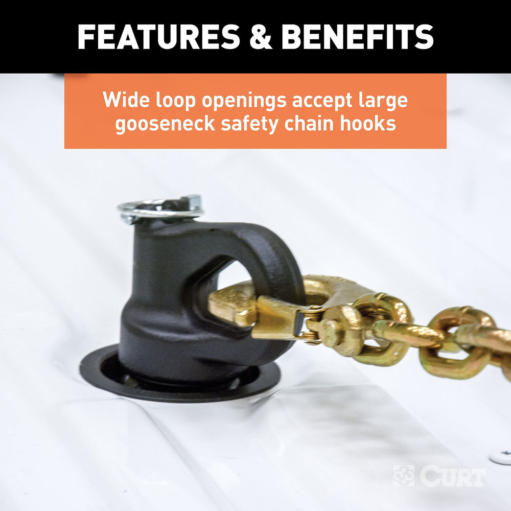 CURT 60692 cast steel safety chain anchors support heavy-duty hooks.