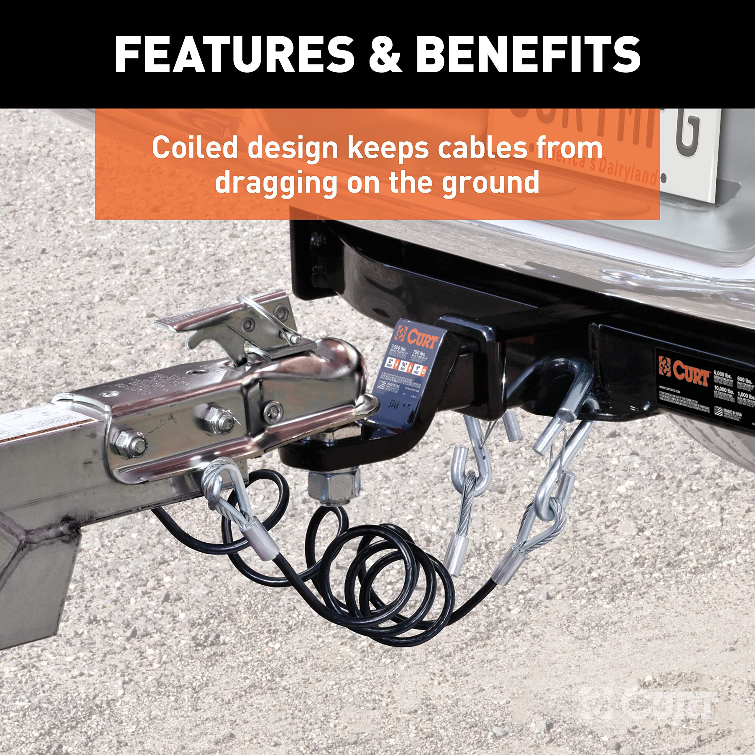 CURT 1/4-inch high-strength steel cable remains flexible in cold weather.