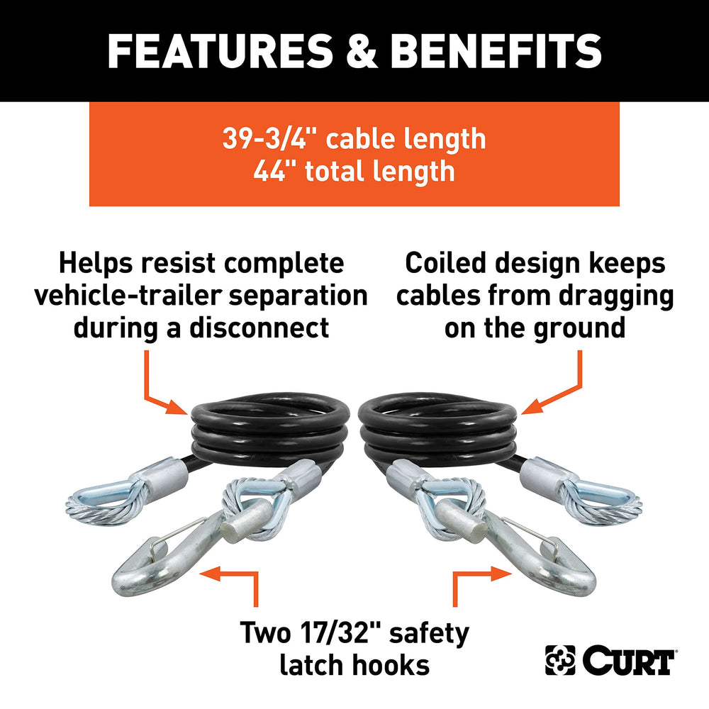 CURT 80176 safety cable and hooks showing 42-inch length for standard trailers.