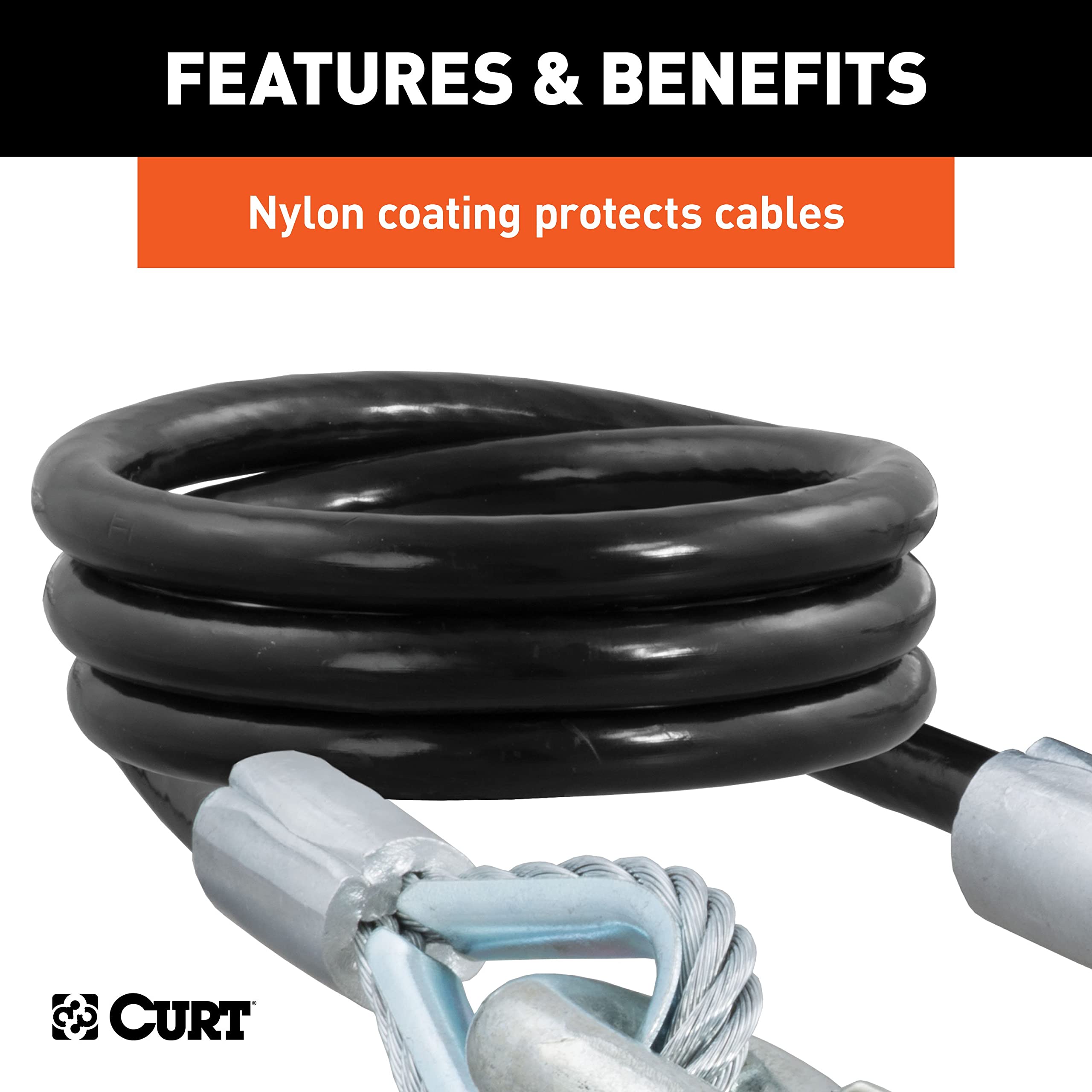 CURT 80176 vinyl-coated cable resists rust and abrasion on rugged trips.
