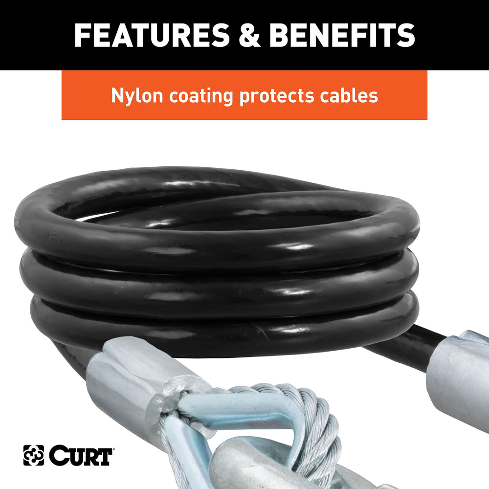 CURT 80176 vinyl-coated cable resists rust and abrasion on rugged trips.
