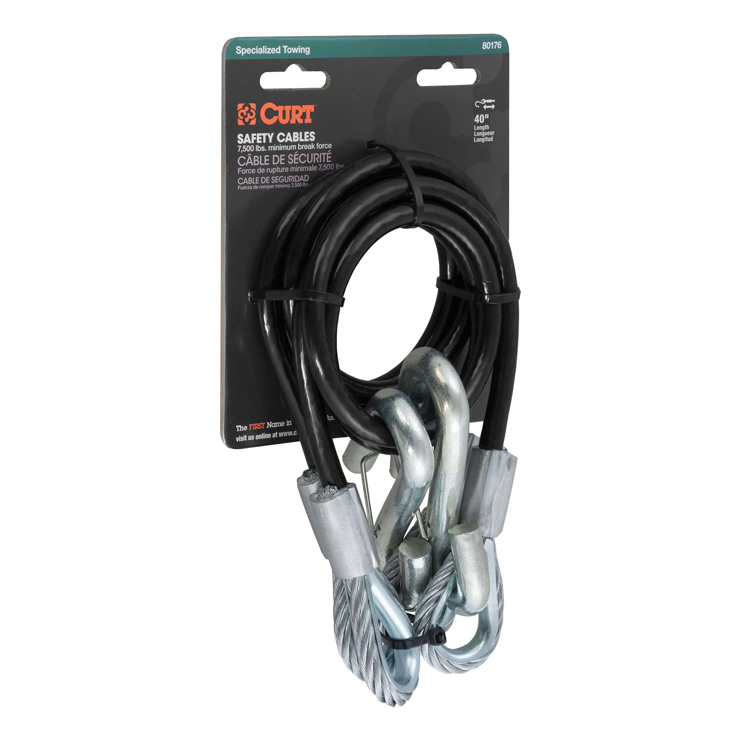 CURT 80176 safety cable with spring-loaded hooks prevents unhooking on bumps.