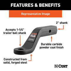 CURT ball mount in 2in receiver demonstrates compatibility with common hitch sizes.