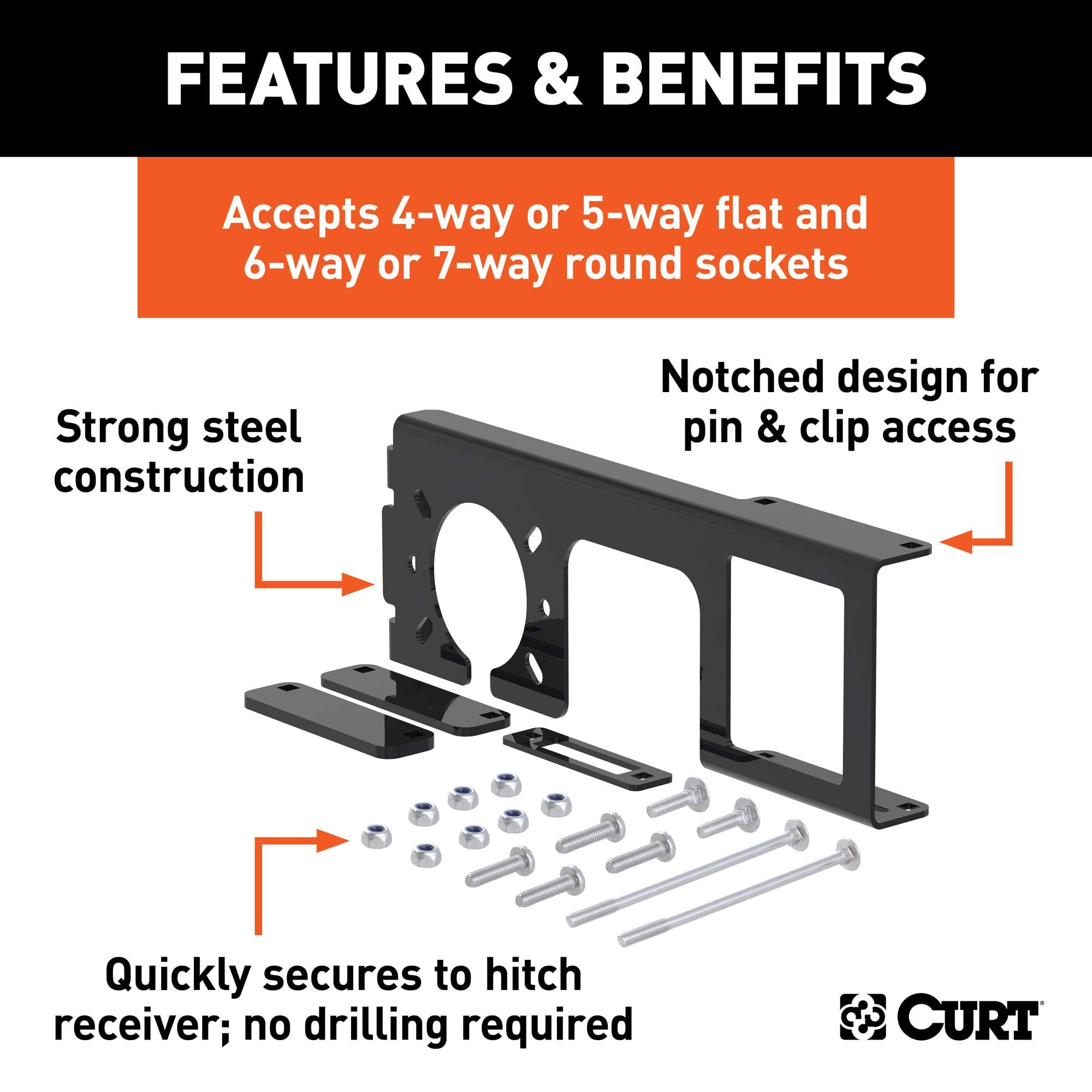 CURT Easy-Mount bracket accepting 4- or 5-flat socket connection.