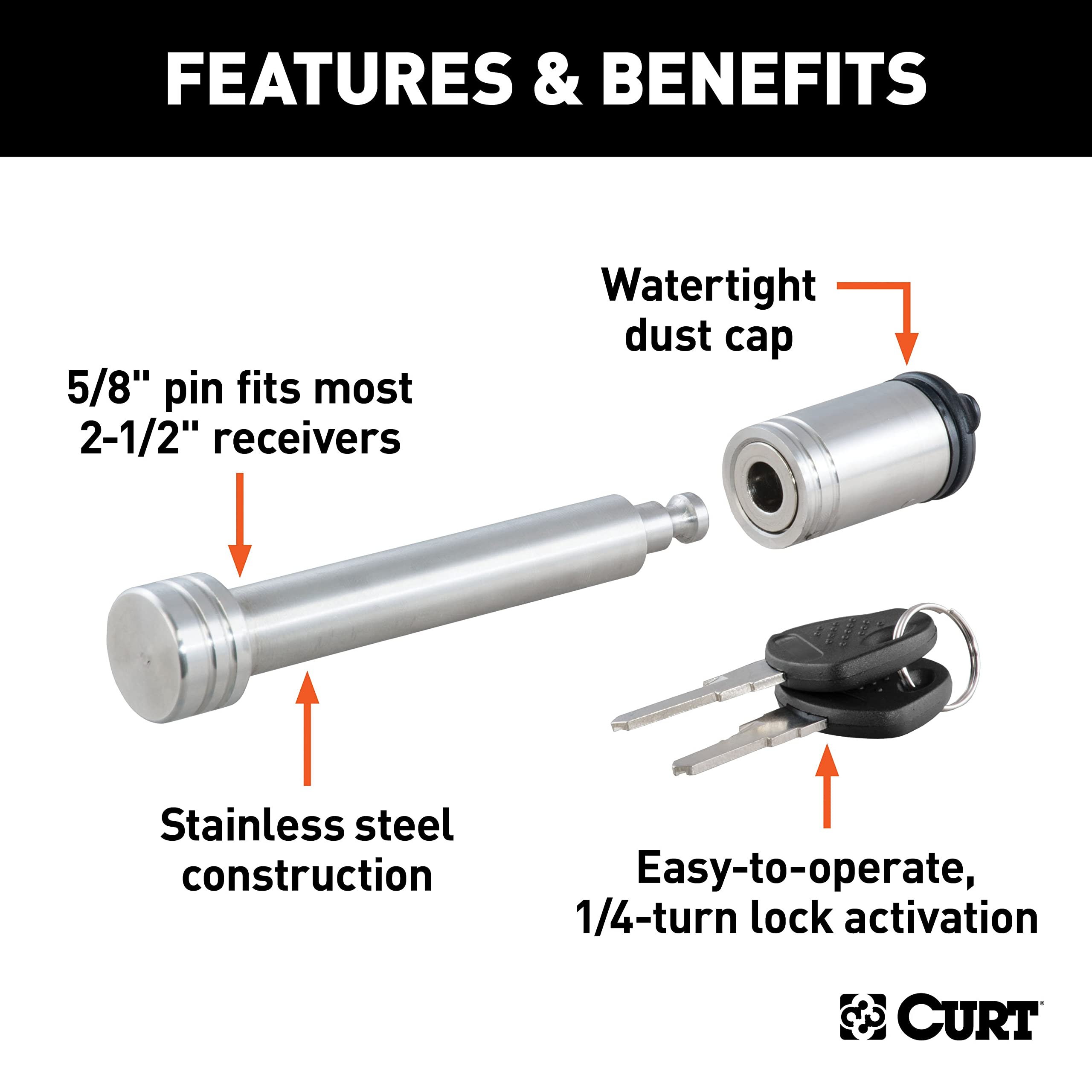 CURT hitch lock with 1/4-turn action for quick security.