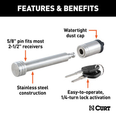 CURT hitch lock with 1/4-turn action for quick security.