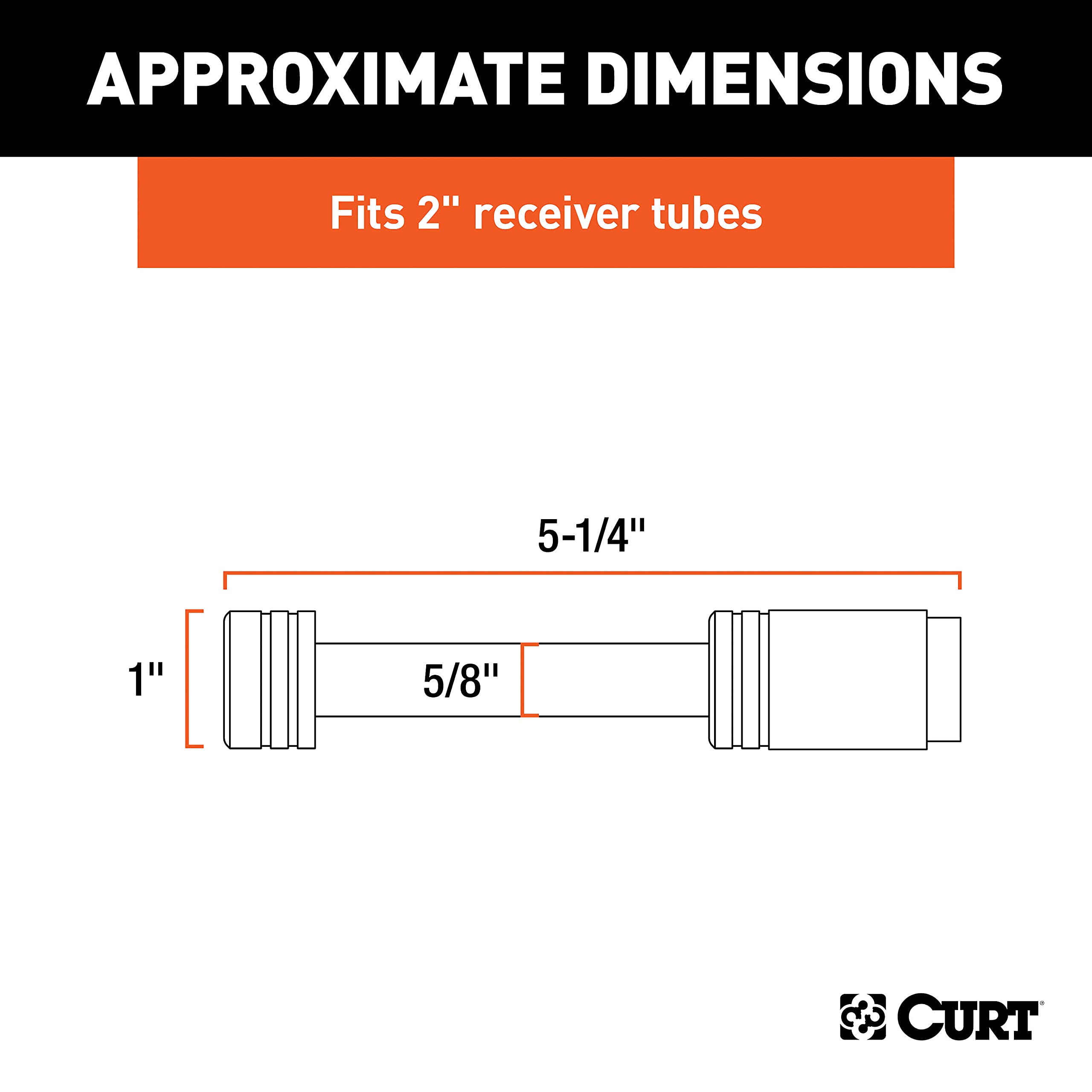 CURT hitch lock shows 5/8-inch pin with a 2-inch receiver fit.