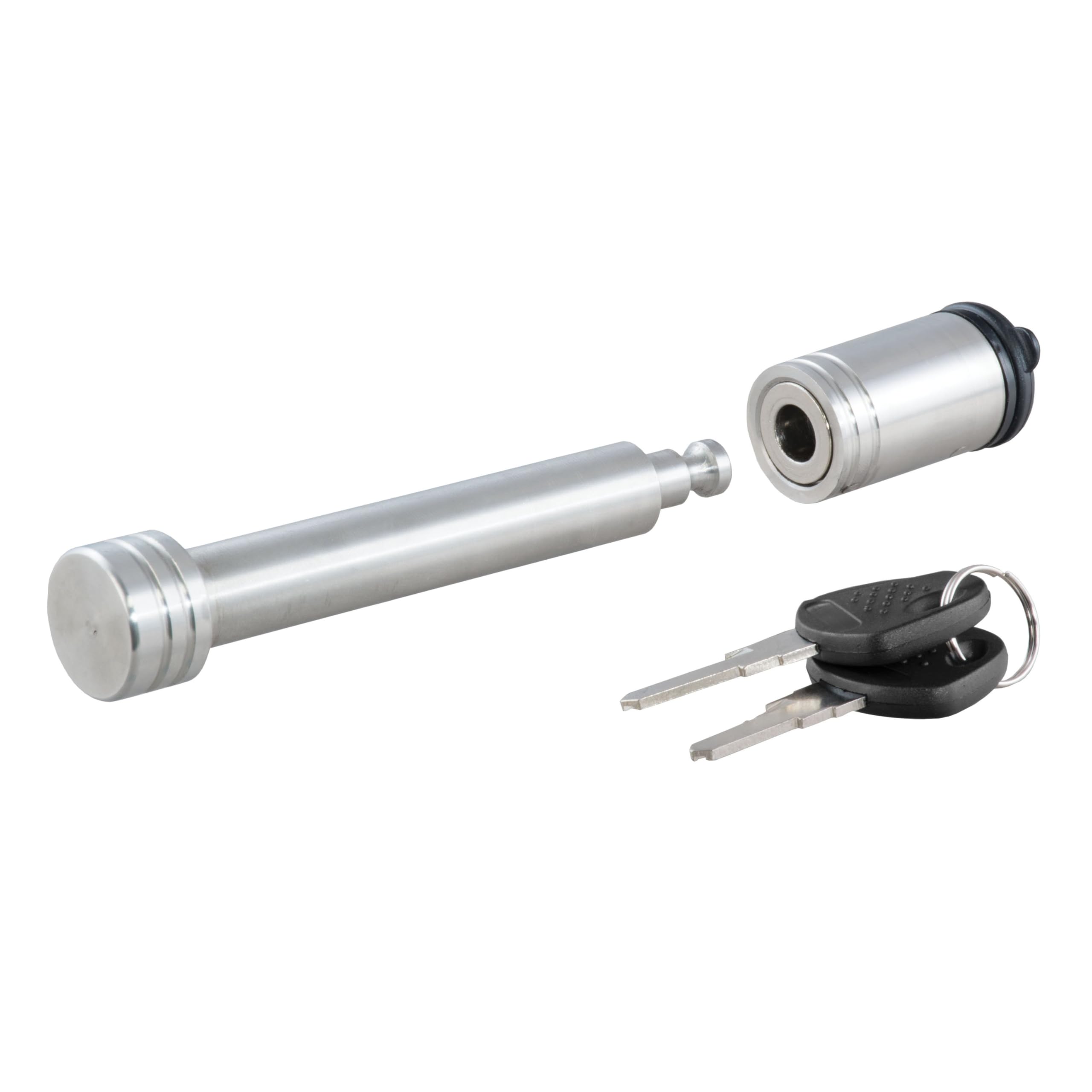CURT hitch lock barbell pin securing a ball mount for added trailer security.