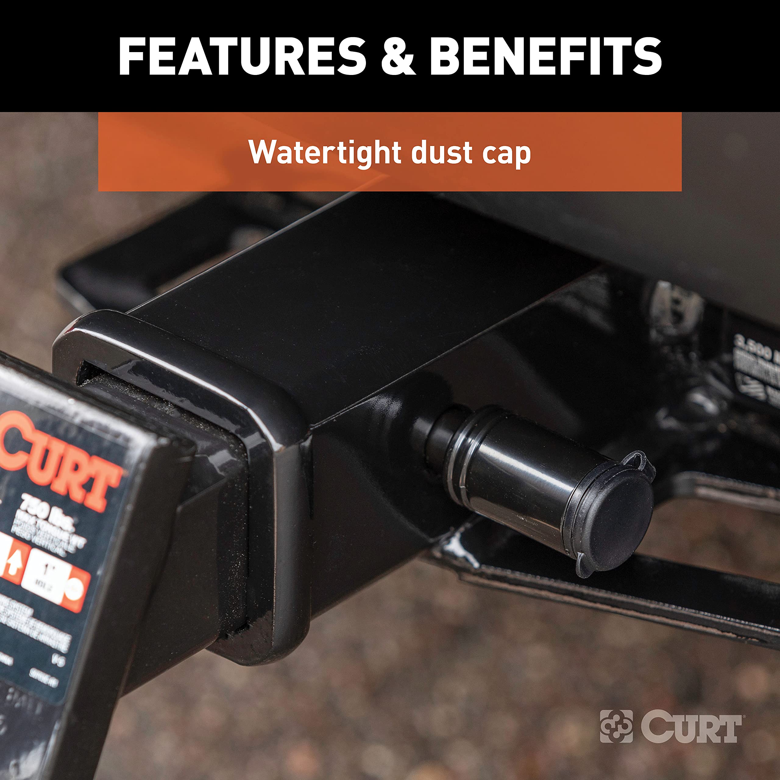 CURT hitch lock in-use on a trailer illustrates quick locking action.