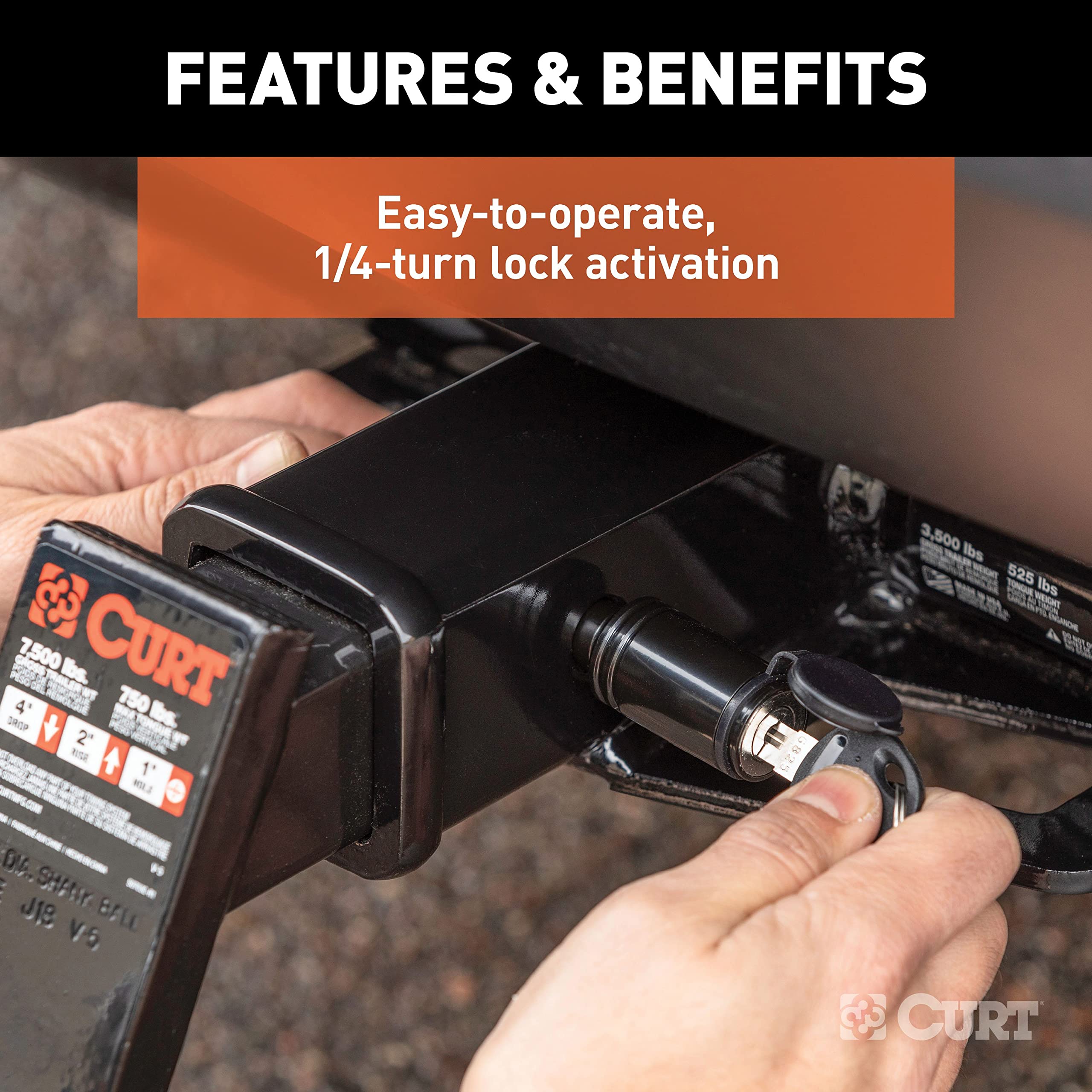 CURT hitch lock durable powder coat finish guards against corrosion outdoors.
