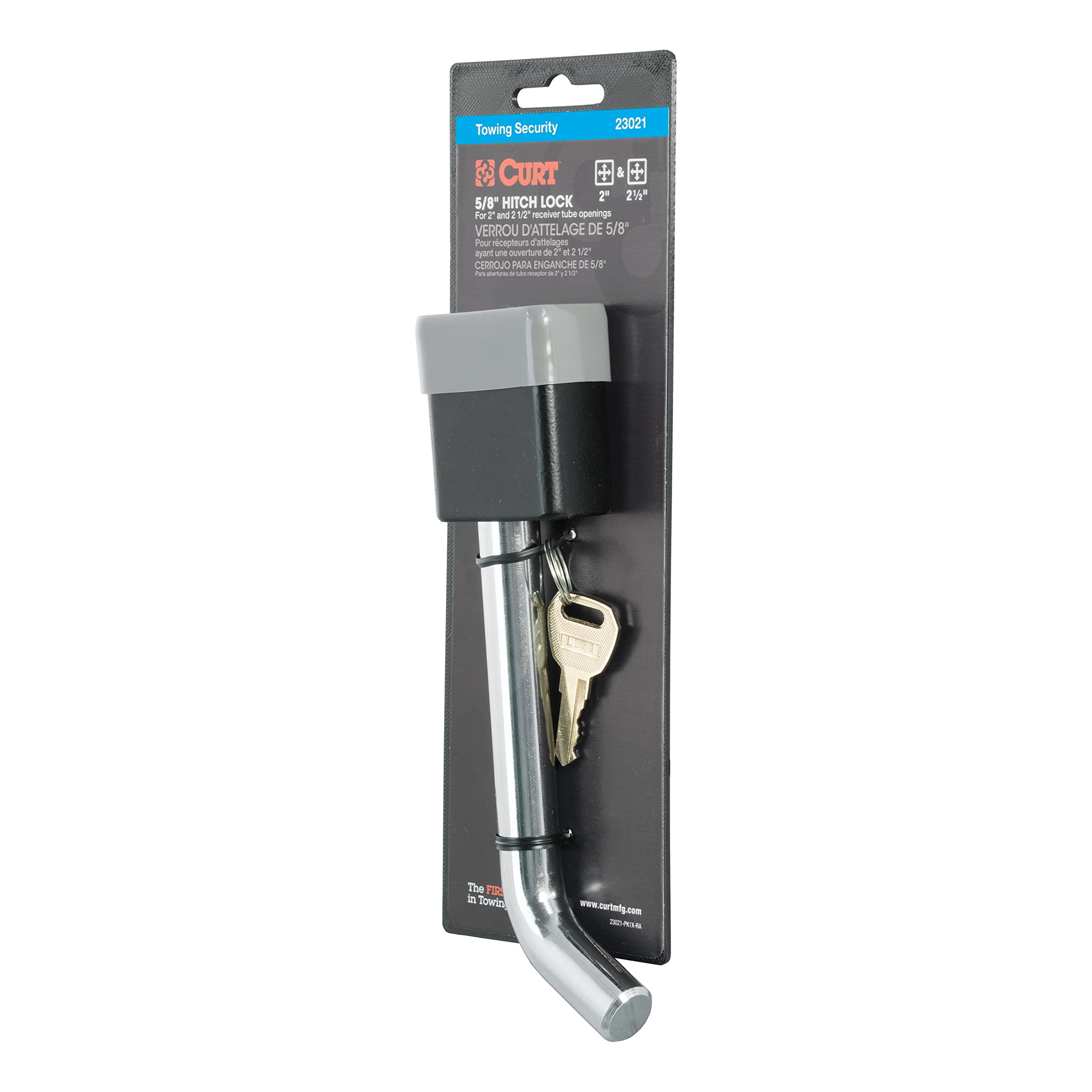 The CURT 5/8-inch pin fits 2-, 2-1/2-, and 3-inch receiver tubes.