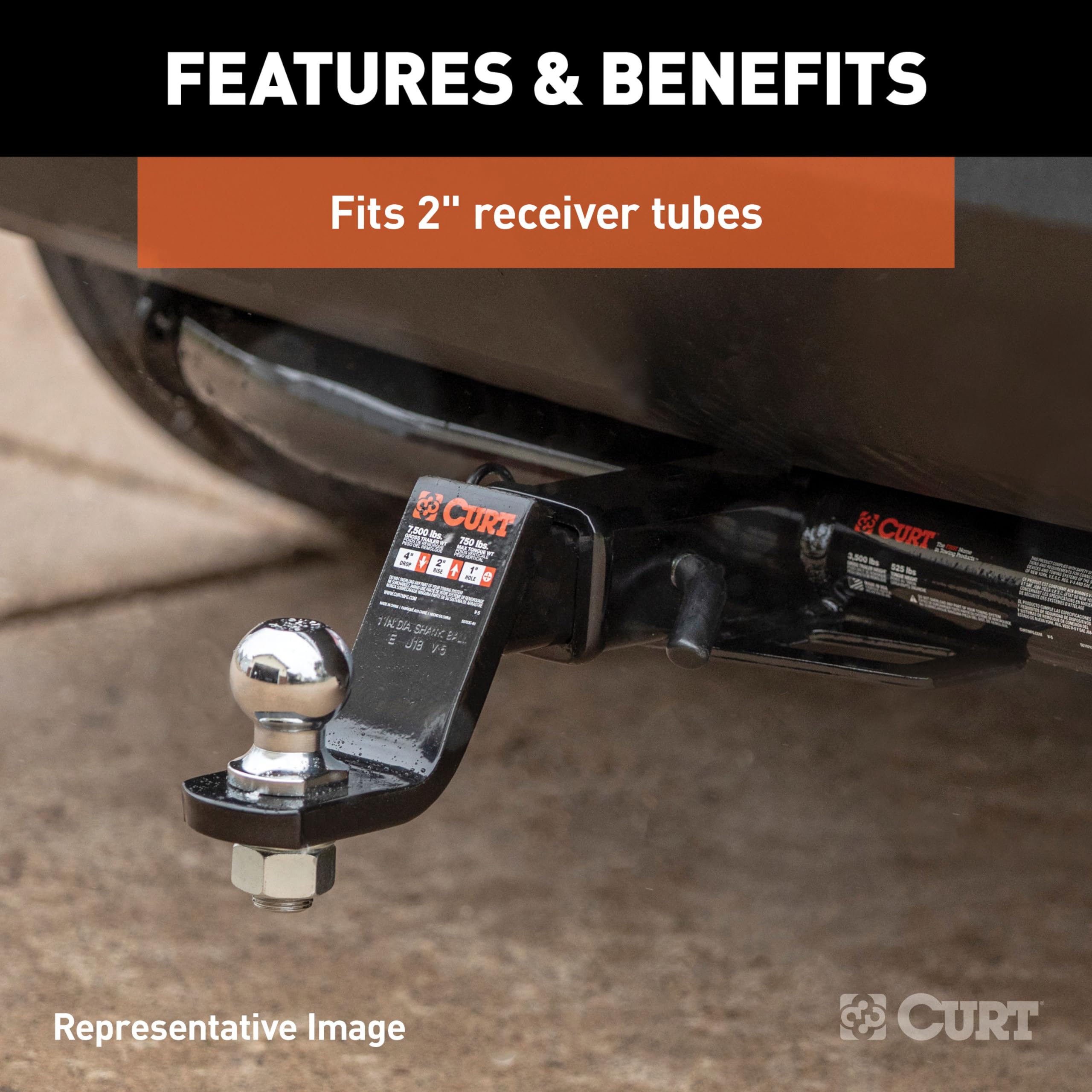 CURT loaded ball mount shows hollow 2x2 shank reducing weight.