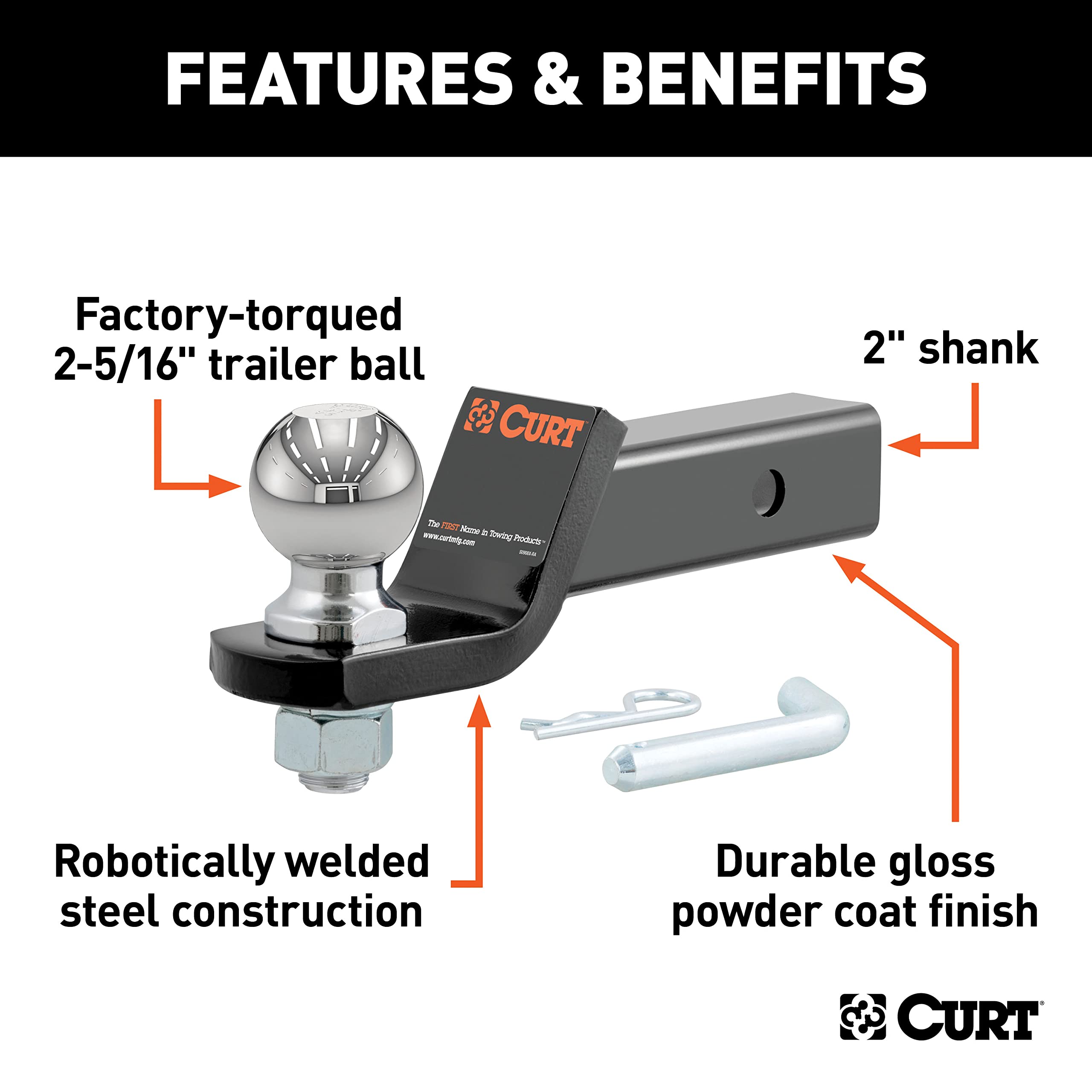 CURT ball mount shows 8-1/4 inch length for versatile mounting options.