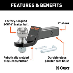 CURT ball mount shows 8-1/4 inch length for versatile mounting options.
