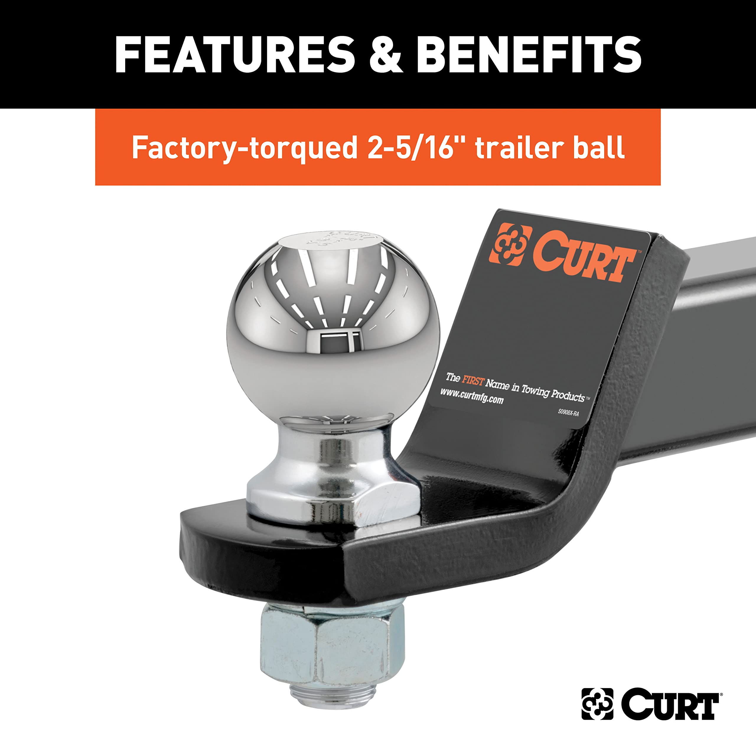 CURT ball mount with durable black powder coat finish protecting against corrosion.