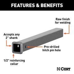 CURT 49240 receiver tube showing 1/2-inch reinforcing collar for strength