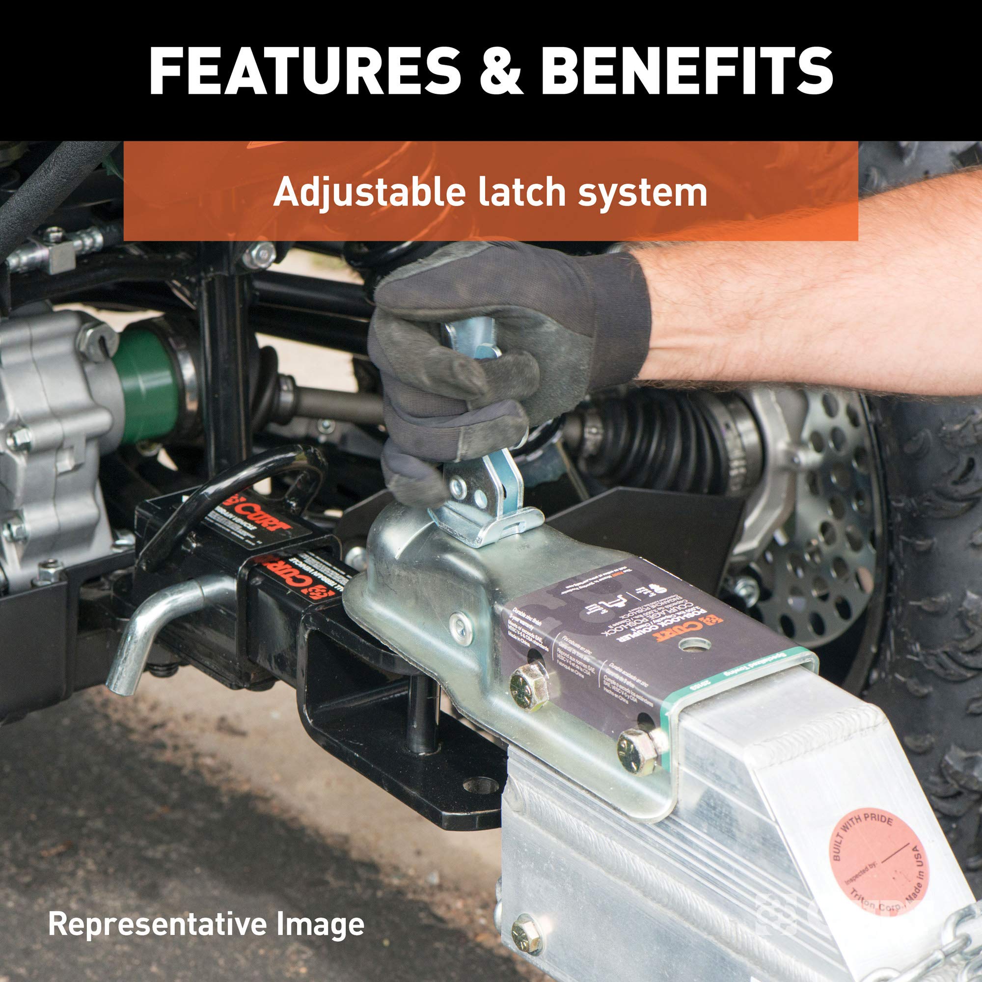 CURT Posi-Lock latch fits 2-1/2 inch channel couplers for reliable grip.